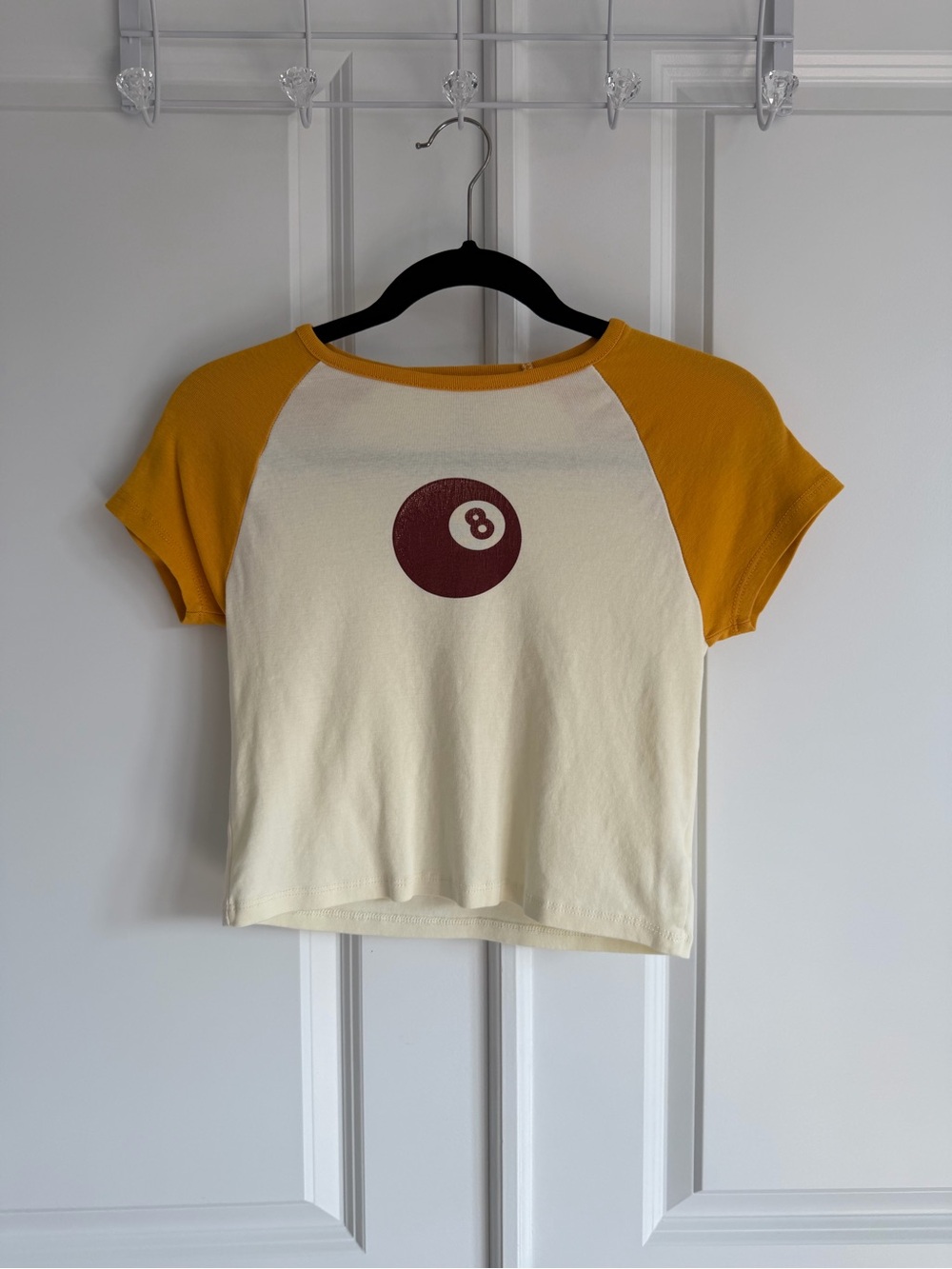Women's Cream and Mustard Raglan Tee with 8-Ball Graphic